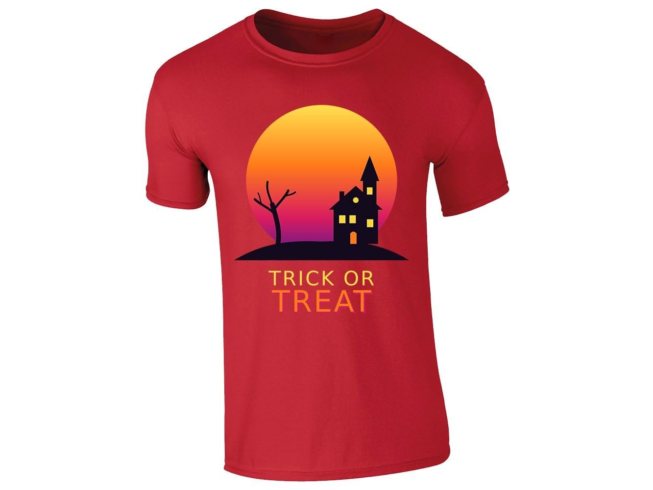 51aa6b 4m5l 892df537 2f10 4c79 992f f29eb214b3b0.jpg Red kids' T-shirt with “Trick or Treat” haunted house design