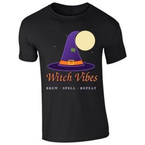 Black kids' T-shirt with “Witch Vibes – Brew, Spell, Repeat” witch hat design