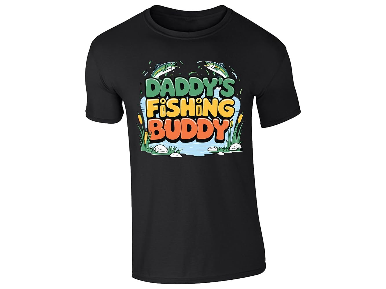 51ablxroo0l.jpg Black men's T-shirt with “Daddy’s fishing buddy” pond and fish design