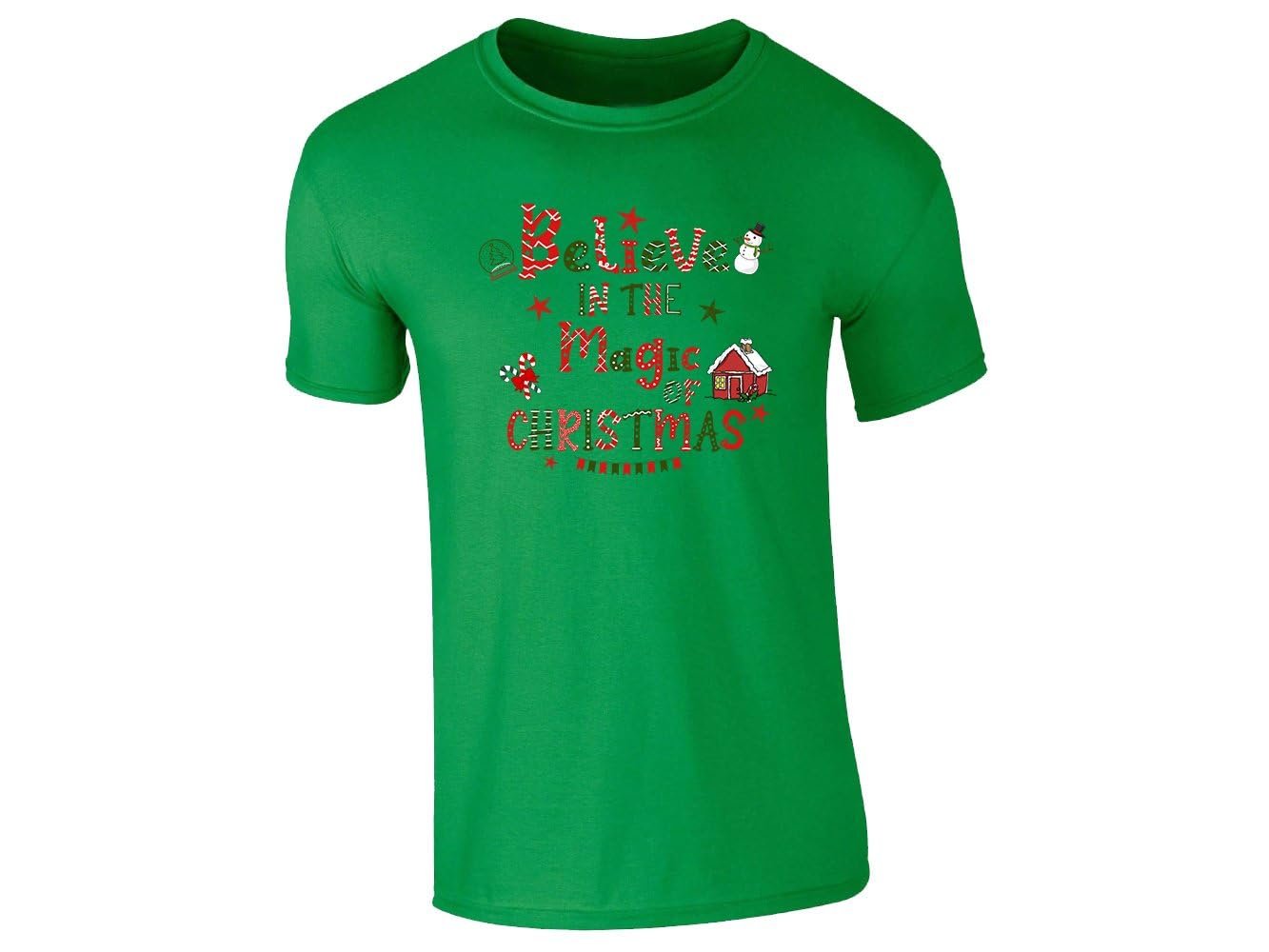 51admlqqnjl.jpg Irish green kids T-shirt with the Believe in the Magic of Christmas snowman design