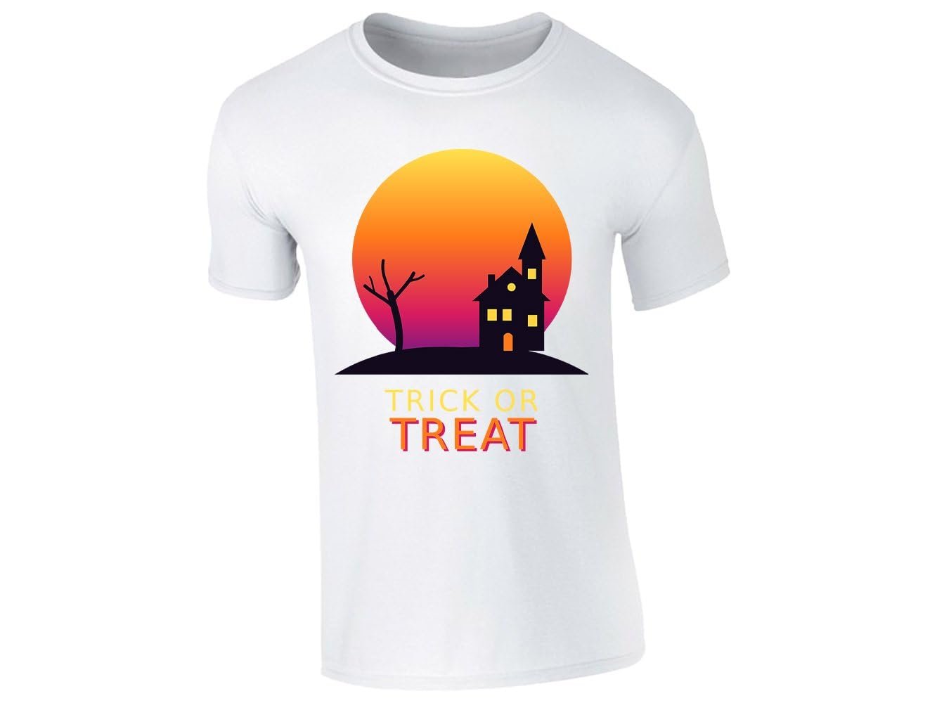 51befonguil.jpg White men's T-shirt with “Trick or Treat” haunted house design