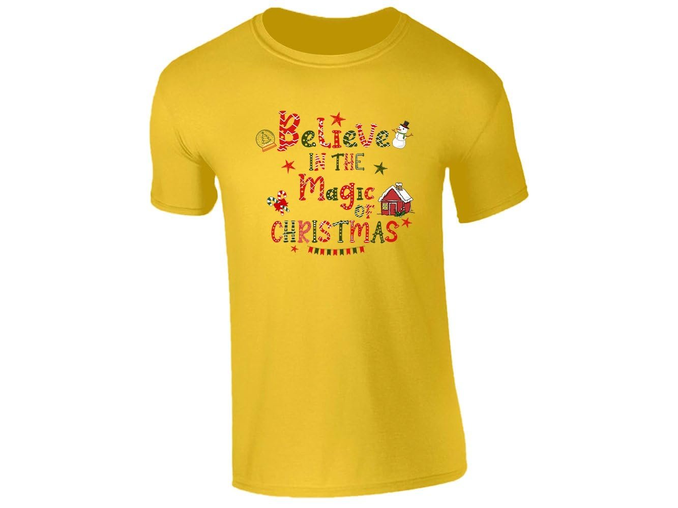 51b vsnnmbl.jpg Yellow kids T-shirt with the Believe in the Magic of Christmas snowman design