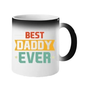 Colour changing mug revealing “Best Daddy Ever” in retro red, gold and teal lettering