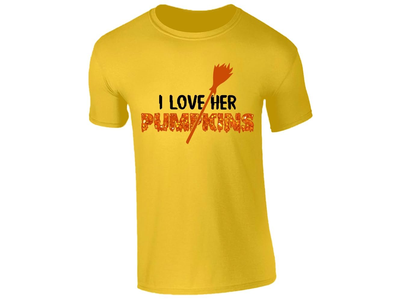 51byvbrvh2l.jpg Yellow men's T-shirt with “I love her pumpkins” broomstick design