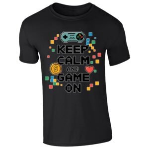 Black men's T-shirt with “Keep calm and game on” pixel controller design