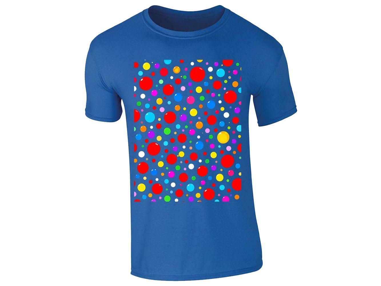 51e9x6ybwyl.jpg Royal blue kids T-shirt with a block of rainbow polka dots