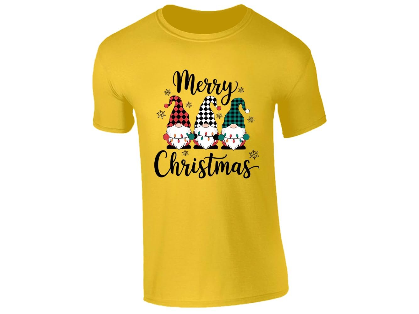 51efcf6wlql.jpg Yellow men's T-shirt with “Merry Christmas” three gnomes in plaid hats design
