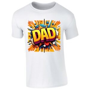 White men's T-shirt with “DAD” in bold yellow letters with a rainbow comic burst