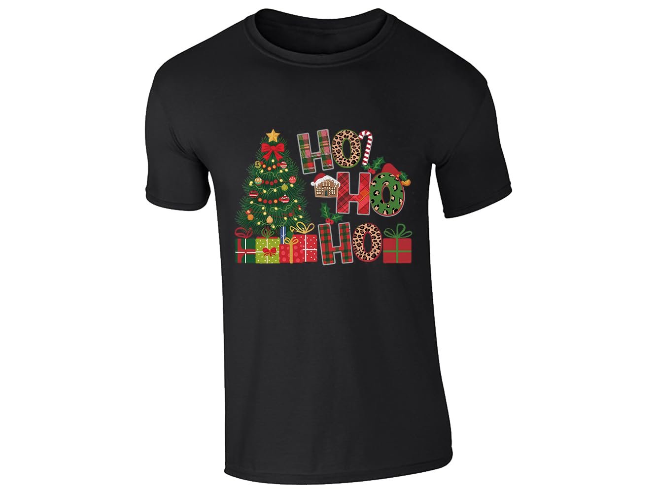 51fqs9wgsrl.jpg Black men's T-shirt with “Ho Ho Ho” Christmas tree and presents design