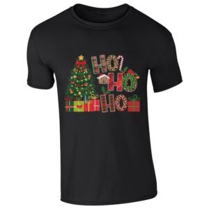 Black kids' T-shirt with “Ho Ho Ho” Christmas tree and presents design