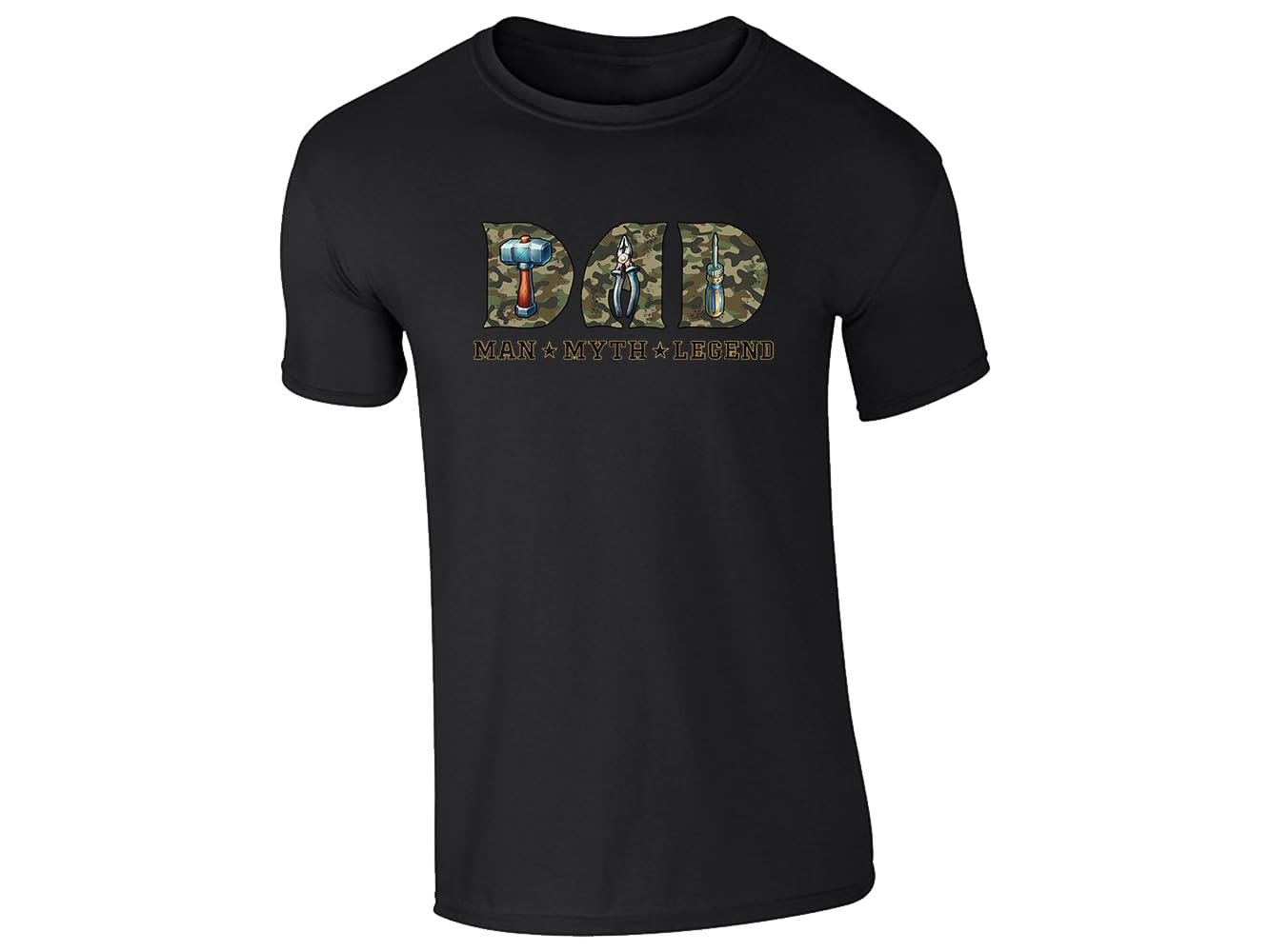 51i68n047nl.jpg Black men's T-shirt with “DAD – Man, Myth, Legend” camo tools design