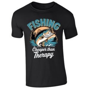 Black men's T-shirt with “Fishing – cheaper than therapy” bass design