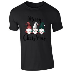 Black men's T-shirt with โMerry Christmasโ three gnomes in plaid hats design