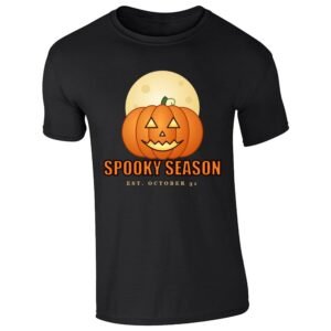 Black men's T-shirt with “Spooky Season – Est. October 31” pumpkin and moon design