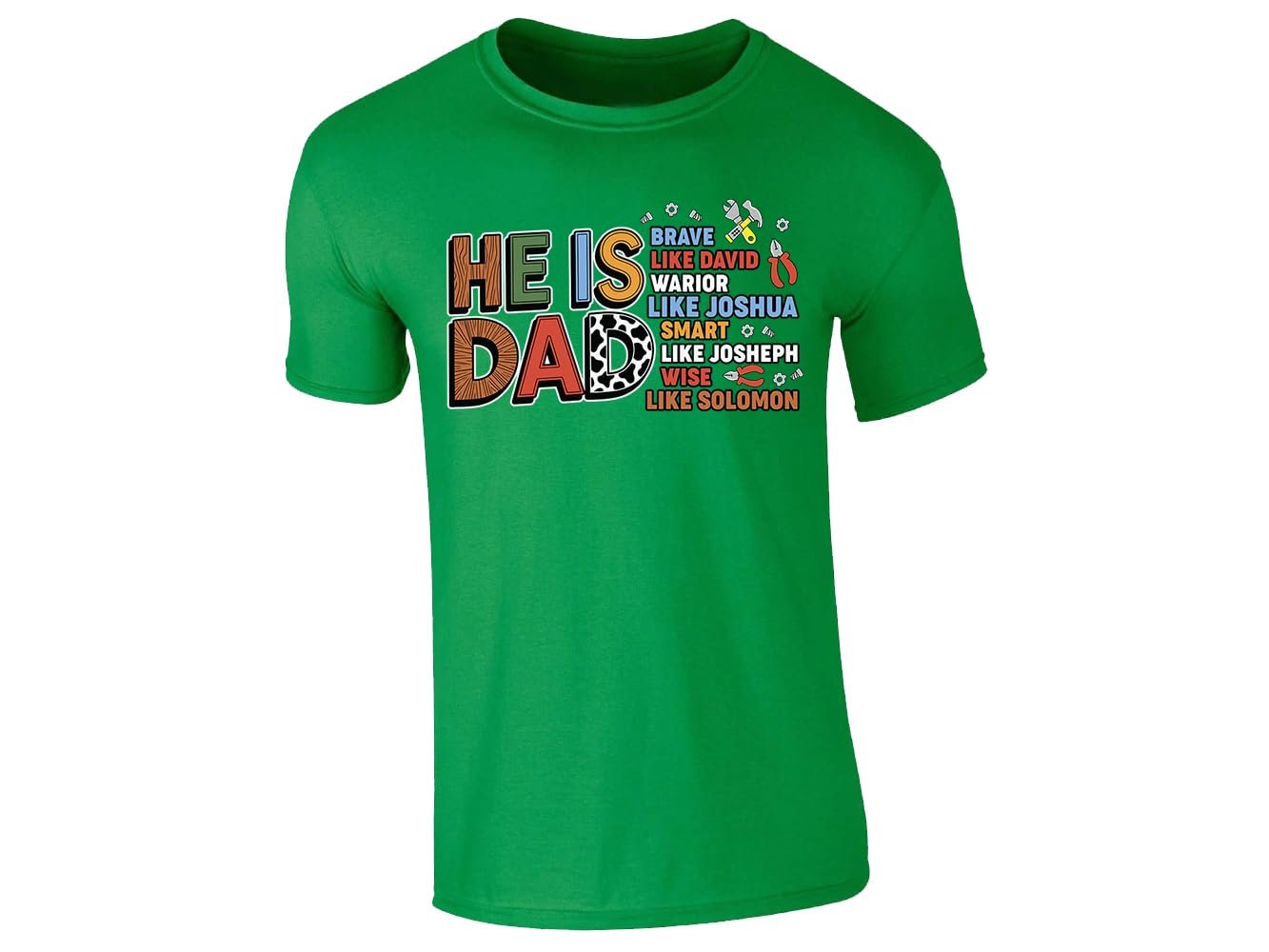 51kjgqtdsll.jpg Irish Green men's T-shirt with “He is Dad – brave like David” faith design