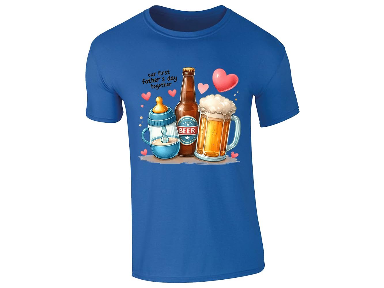 51la lzcxjl.jpg Royal Blue men's T-shirt with baby bottle, beer bottle and beer mug “Our first Father’s Day together” design