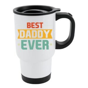 White travel mug with black lid and “Best Daddy Ever” in retro red, gold and teal lettering