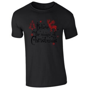 Black men's T-shirt with a red reindeer, a Christmas tree and Believe in the Magic of Christmas