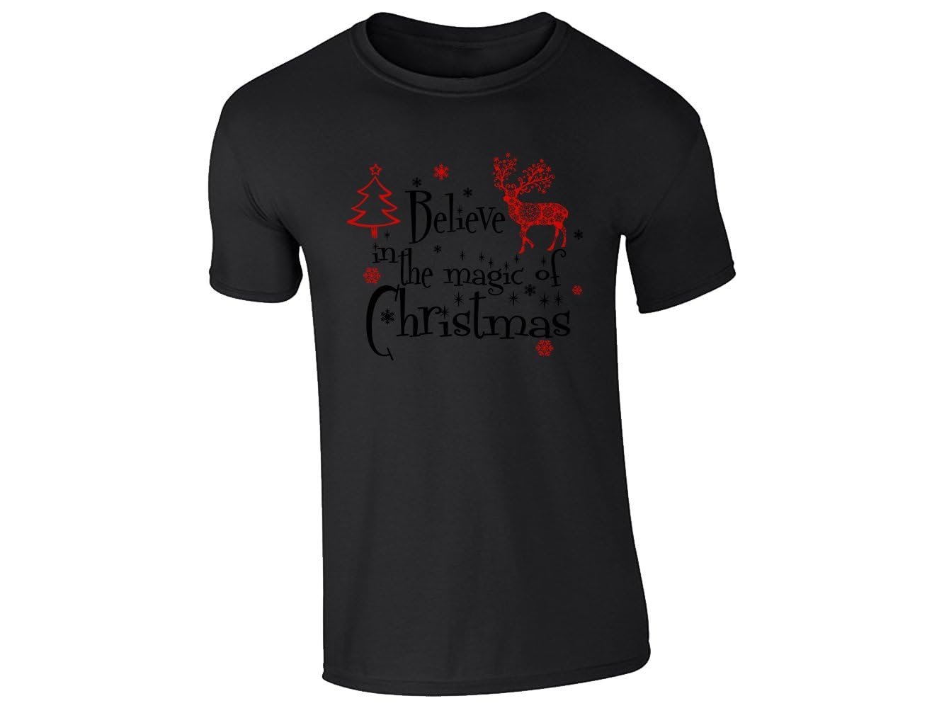 51m piweeul 7673d589 4a58 478a a88d 3428ff800043.jpg Black men's T-shirt with a red reindeer, a Christmas tree and Believe in the Magic of Christmas