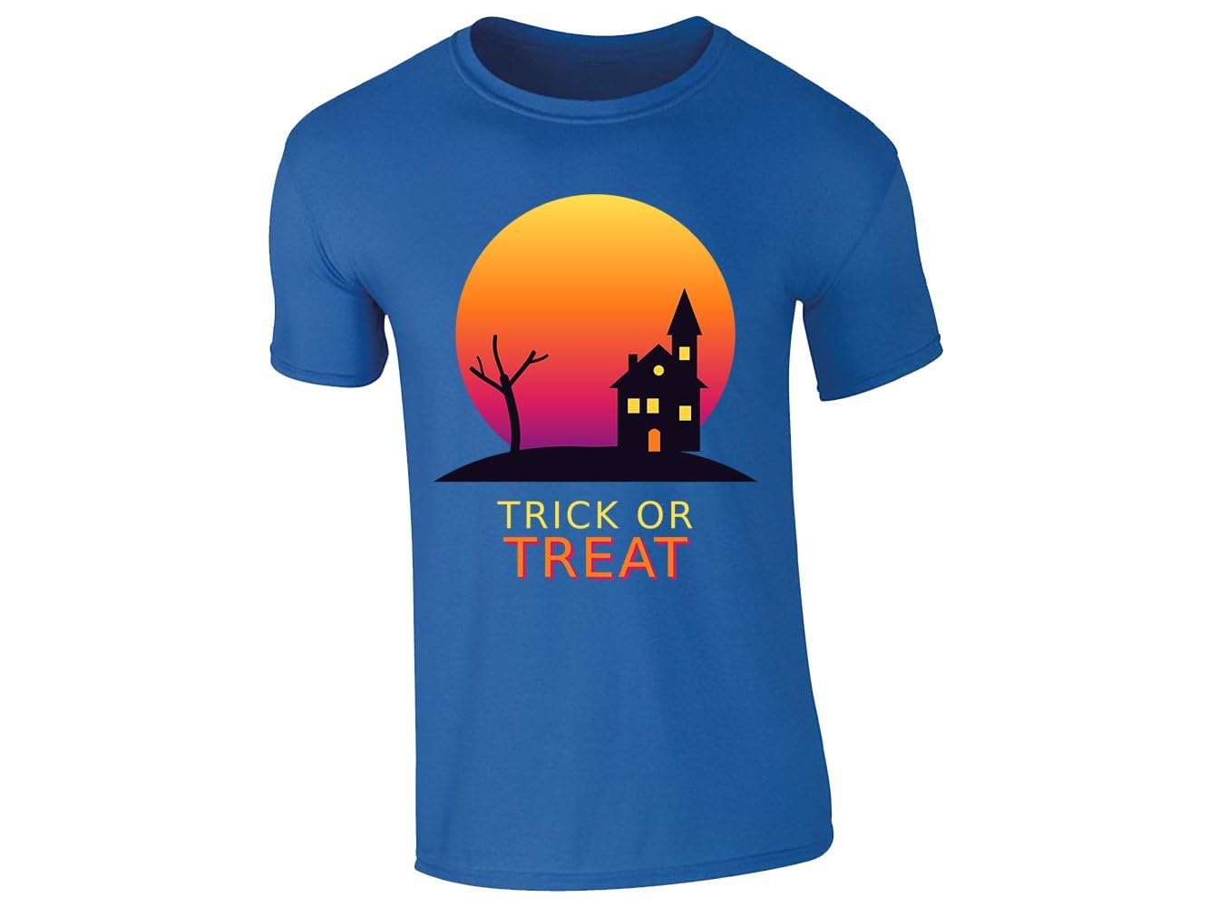 51mnajhpill 5cdfee62 f098 4482 8c5c ffe34dc6bee8.jpg Royal Blue kids' T-shirt with “Trick or Treat” haunted house design