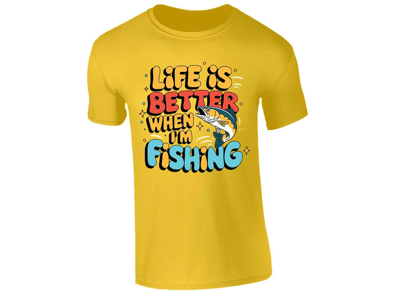 51mycscffjl.jpg Yellow men's T-shirt with “Life is better when I’m fishing” design