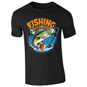 Black men's T-shirt with “Fishing with Dad” bass and lake design