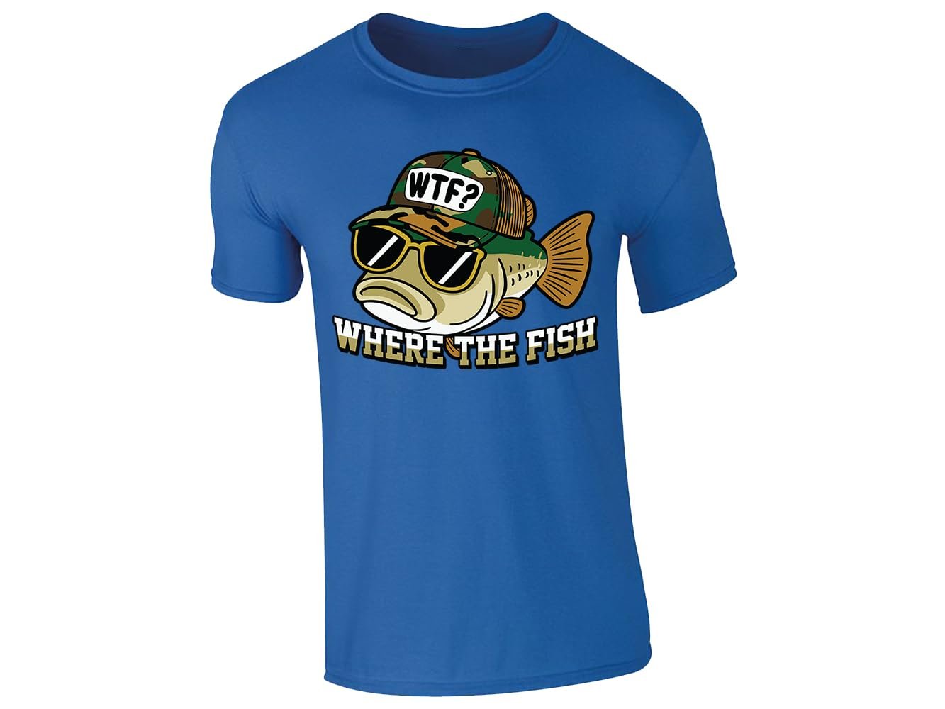 51o4 fffzl.jpg Royal Blue men's T-shirt with “WTF – Where The Fish” bass in sunglasses design