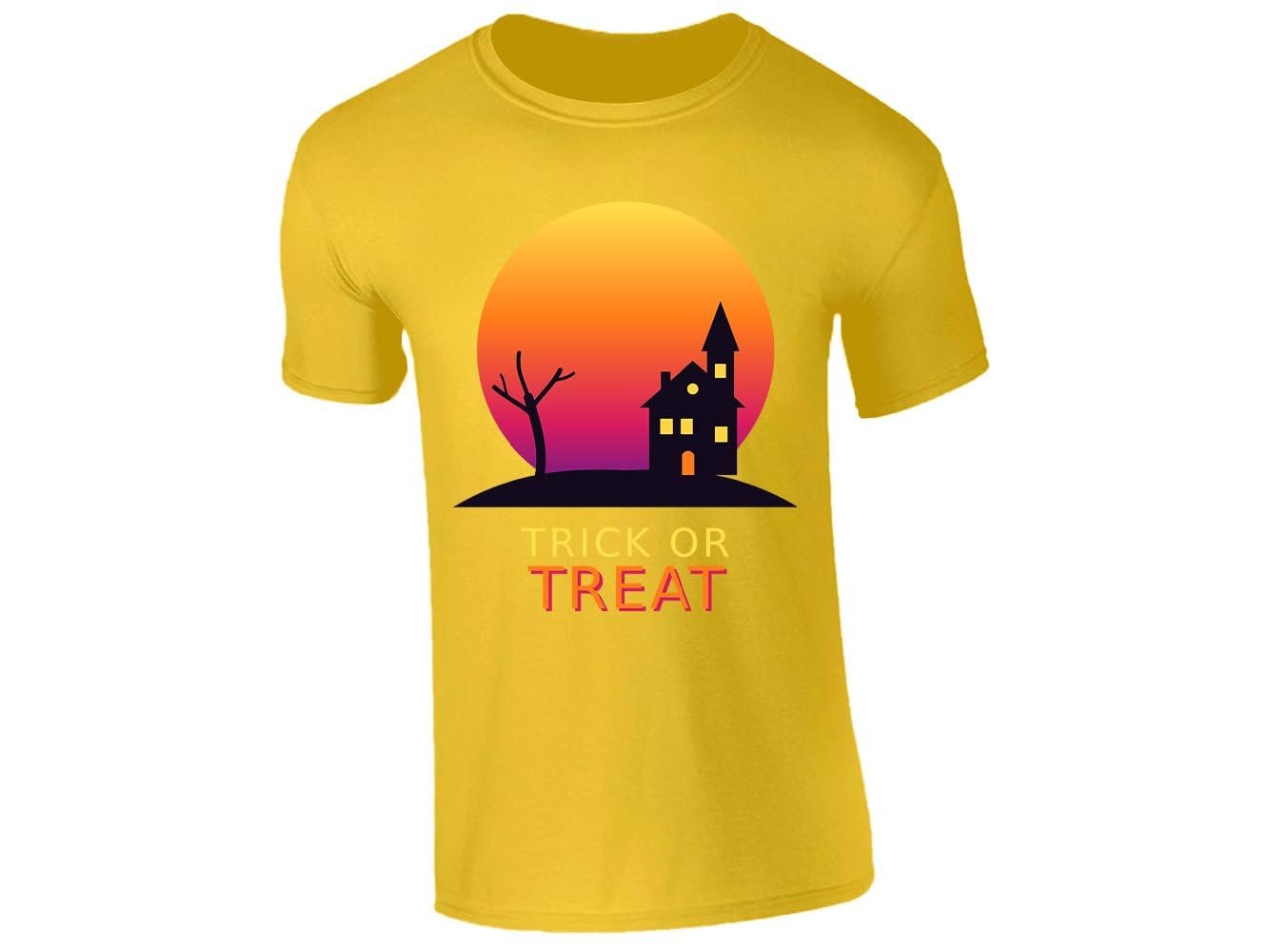 51ojfc8v 3l 0a4fcf20 350d 43f1 afdd 10320cadc4fa.jpg Yellow kids' T-shirt with “Trick or Treat” haunted house design