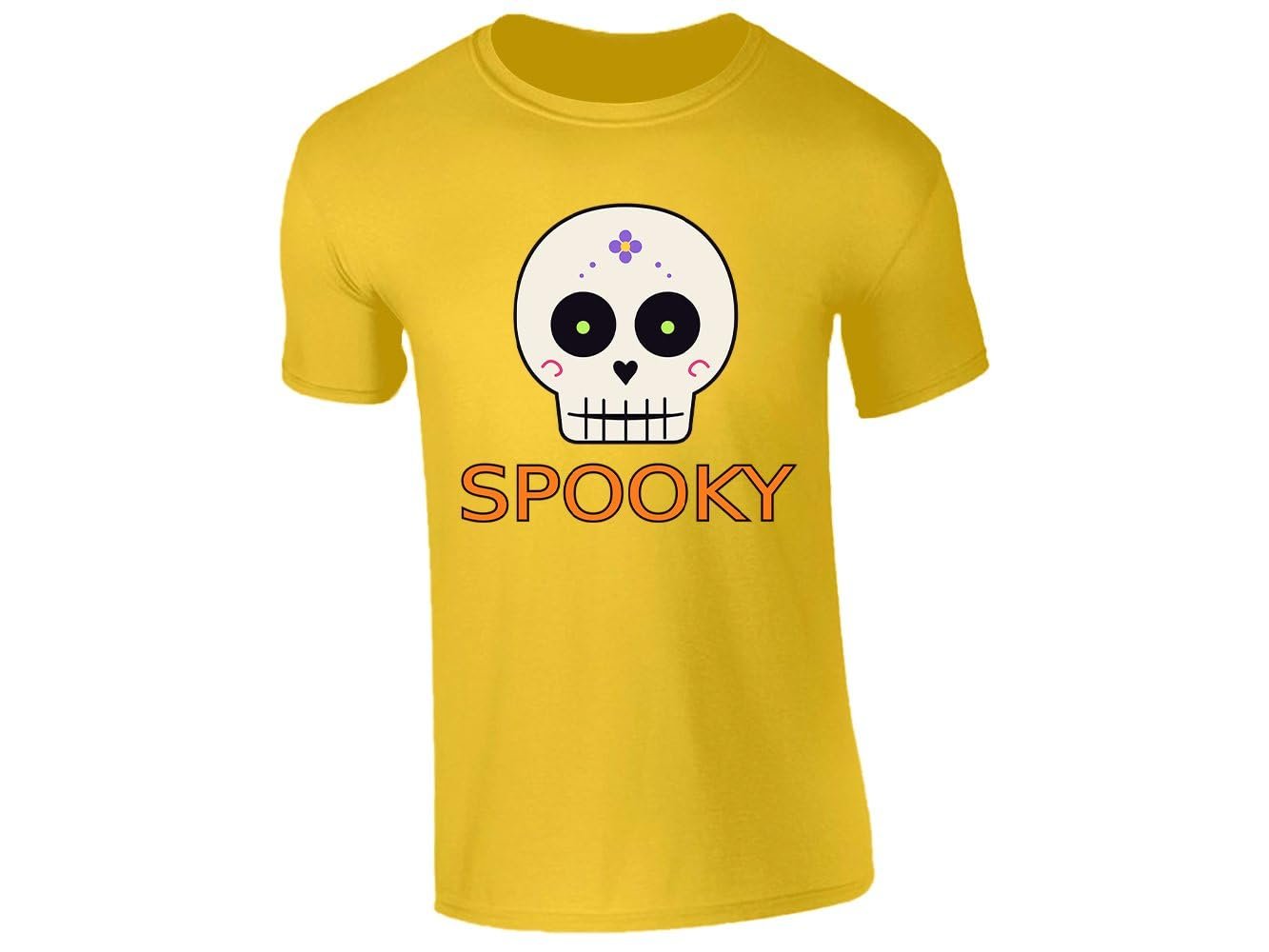 51r9rg6lynl fe92fddc 6687 4111 aafb fd7ca1d2ffe8.jpg Yellow kids' T-shirt with “Spooky” sugar skull design