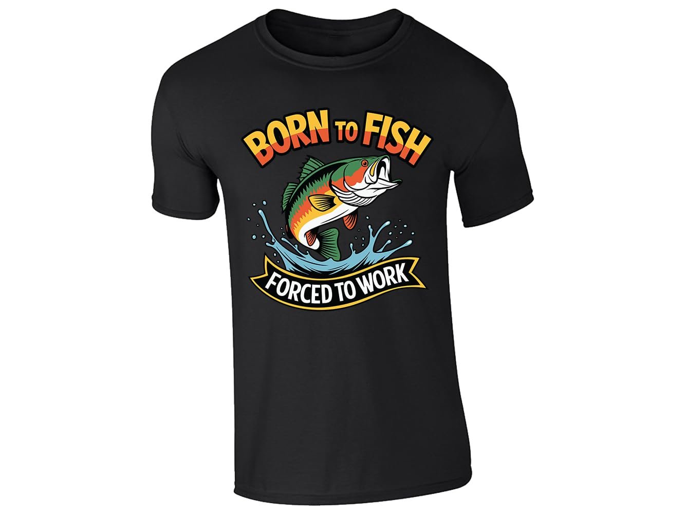 51rd8cn 3ol.jpg Black men's T-shirt with “Born to fish, forced to work” leaping bass design