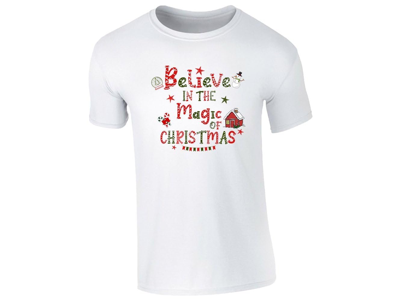 51rl8fv2grl.jpg White kids T-shirt with the Believe in the Magic of Christmas snowman design