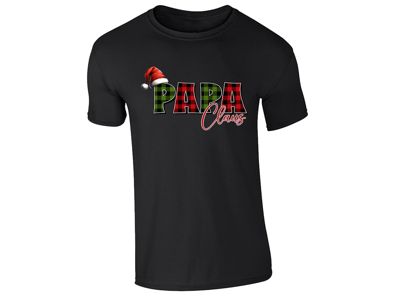 51rbxa5y54l.jpg Black men's T-shirt with “Papa Claus” plaid Santa hat design