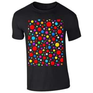 Black men's T-shirt with a block of rainbow polka dots