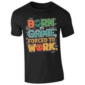 Black kids' T-shirt with “Born to game, forced to work” design