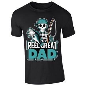 Black men's T-shirt with “Reel Great Dad” skeleton angler design
