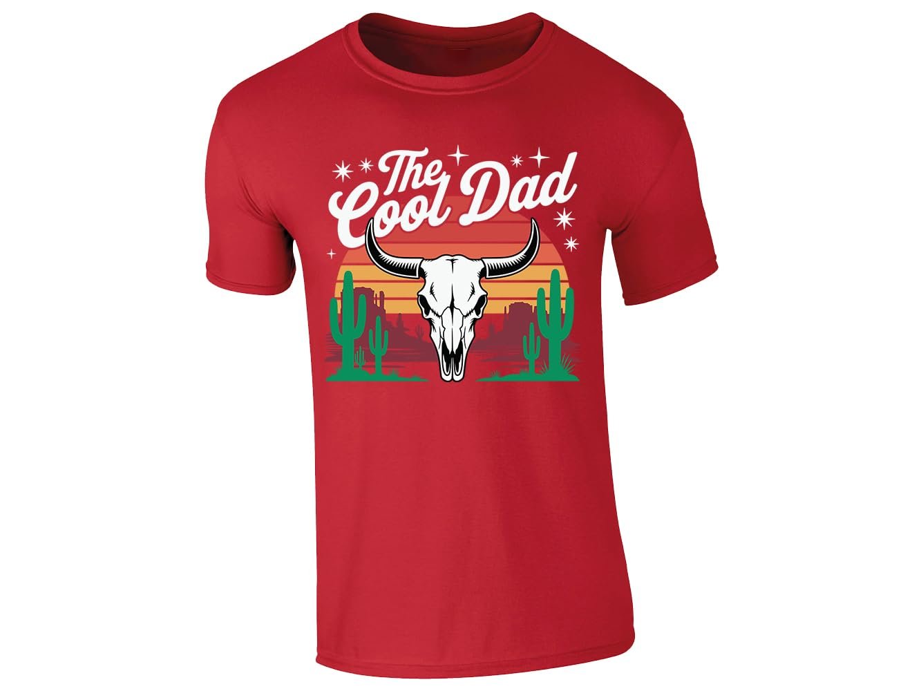 51vc8s4lu l.jpg Red men's T-shirt with “The Cool Dad” bull skull desert design
