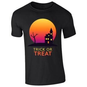 Black kids' T-shirt with “Trick or Treat” haunted house design