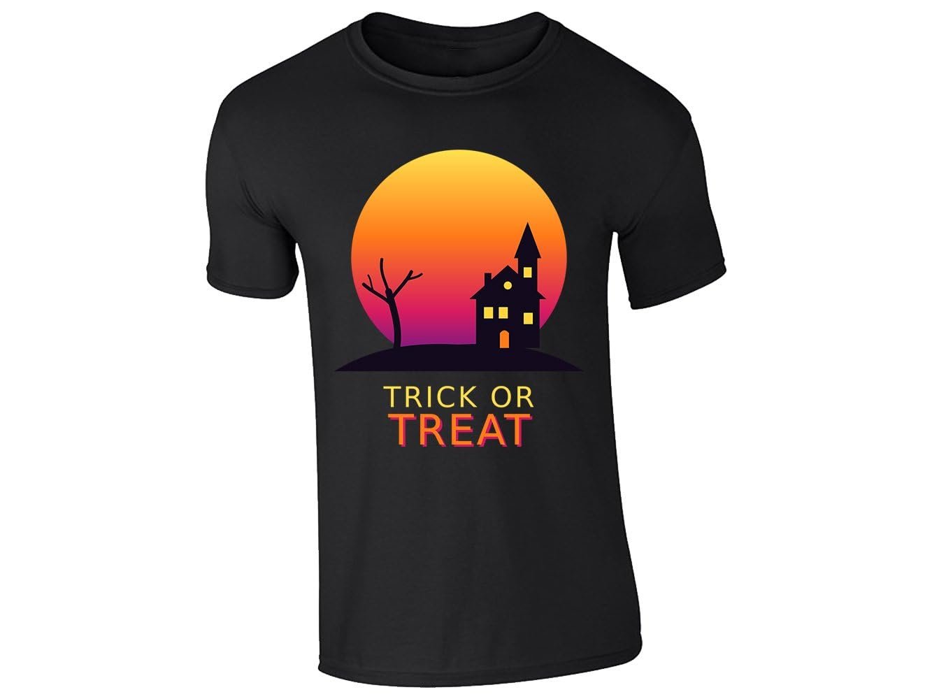 51w9mcmktzl 41c0cd63 7235 46c4 bcd6 3a955f19e3ed.jpg Black kids' T-shirt with “Trick or Treat” haunted house design