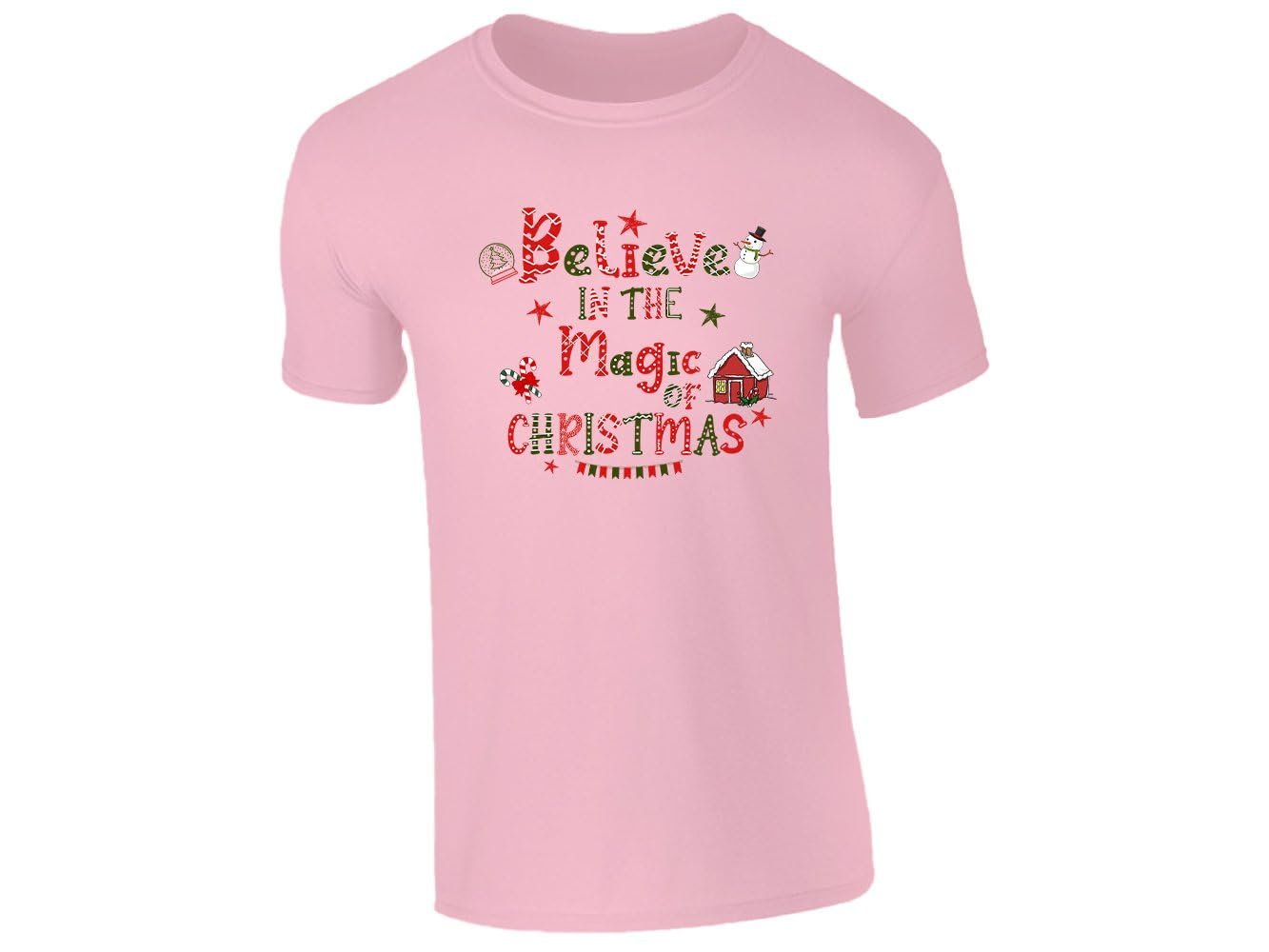 51wqxlbg9xl.jpg Light pink kids T-shirt with the Believe in the Magic of Christmas snowman design