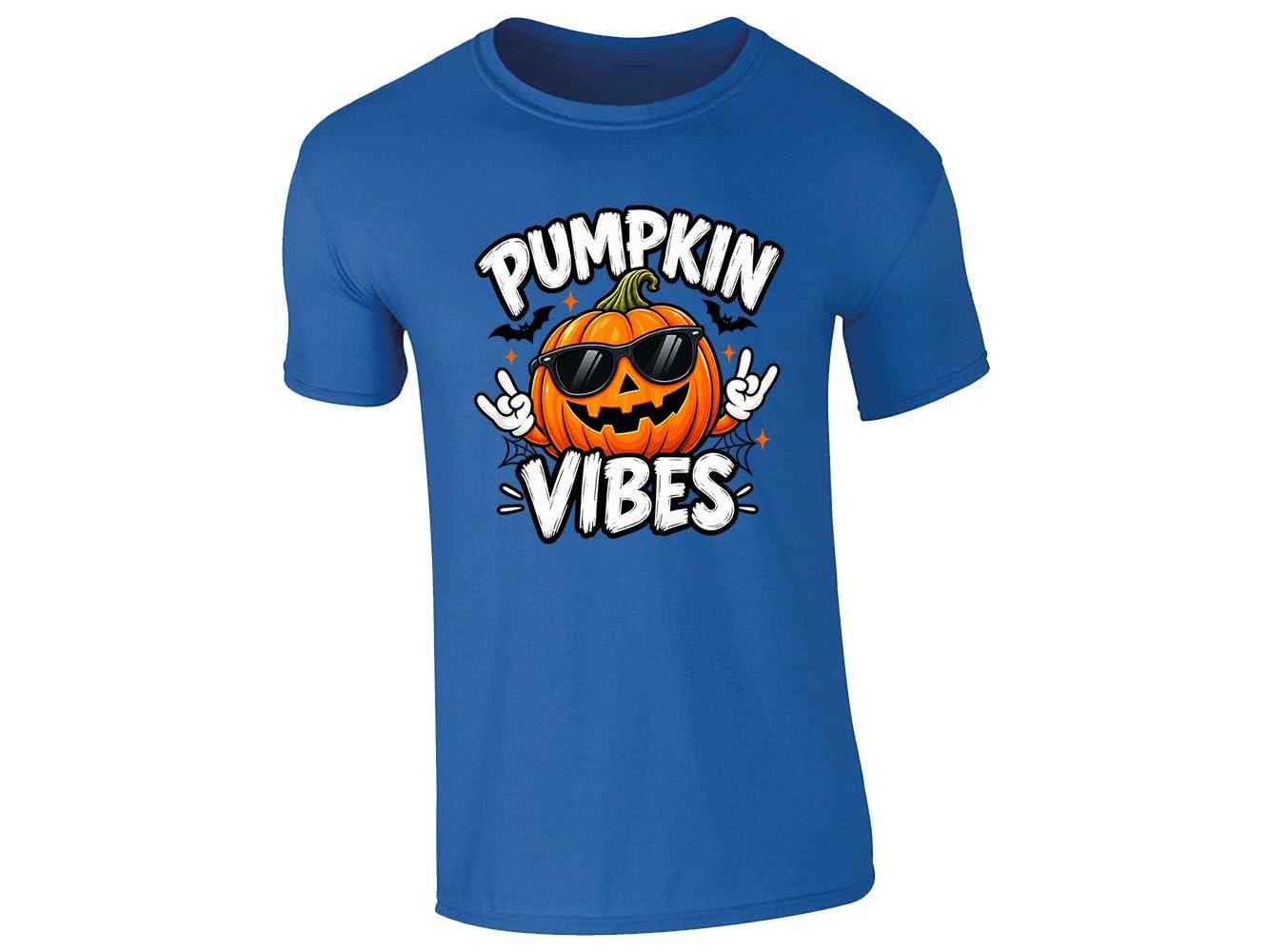 51xexke5ddl 39e20782 99fb 4248 8cbb 1a214dd09395.jpg Royal blue kids T-shirt with a Pumpkin Vibes jack-o'-lantern in sunglasses