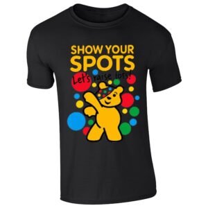 Black men's T-shirt with a dabbing yellow bear and Show Your Spots, Let's Raise Lots
