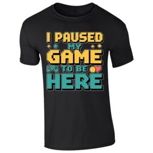 Black kids' T-shirt with “I paused my game to be here” design