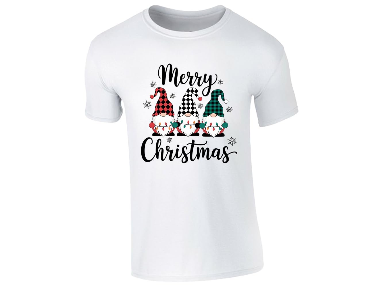 51yu pbwq l.jpg White men's T-shirt with “Merry Christmas” three gnomes in plaid hats design