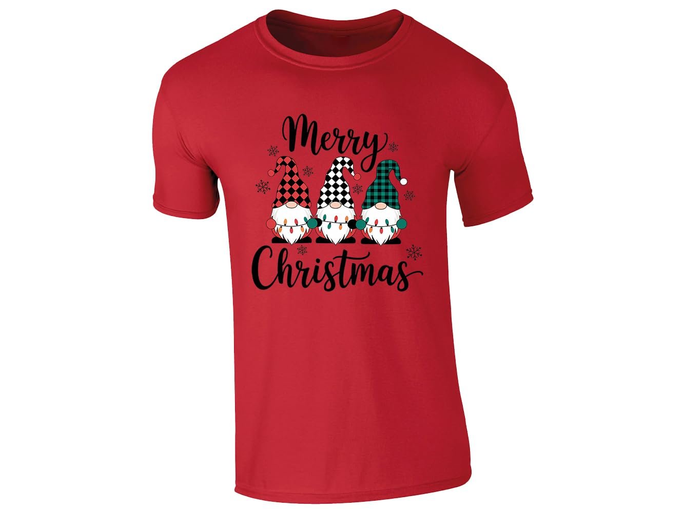 51yw7ovoihl.jpg Red men's T-shirt with “Merry Christmas” three gnomes in plaid hats design