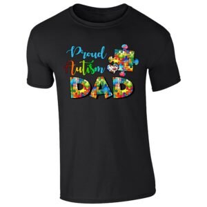 Black men's T-shirt with “Proud Autism Dad” puzzle piece design
