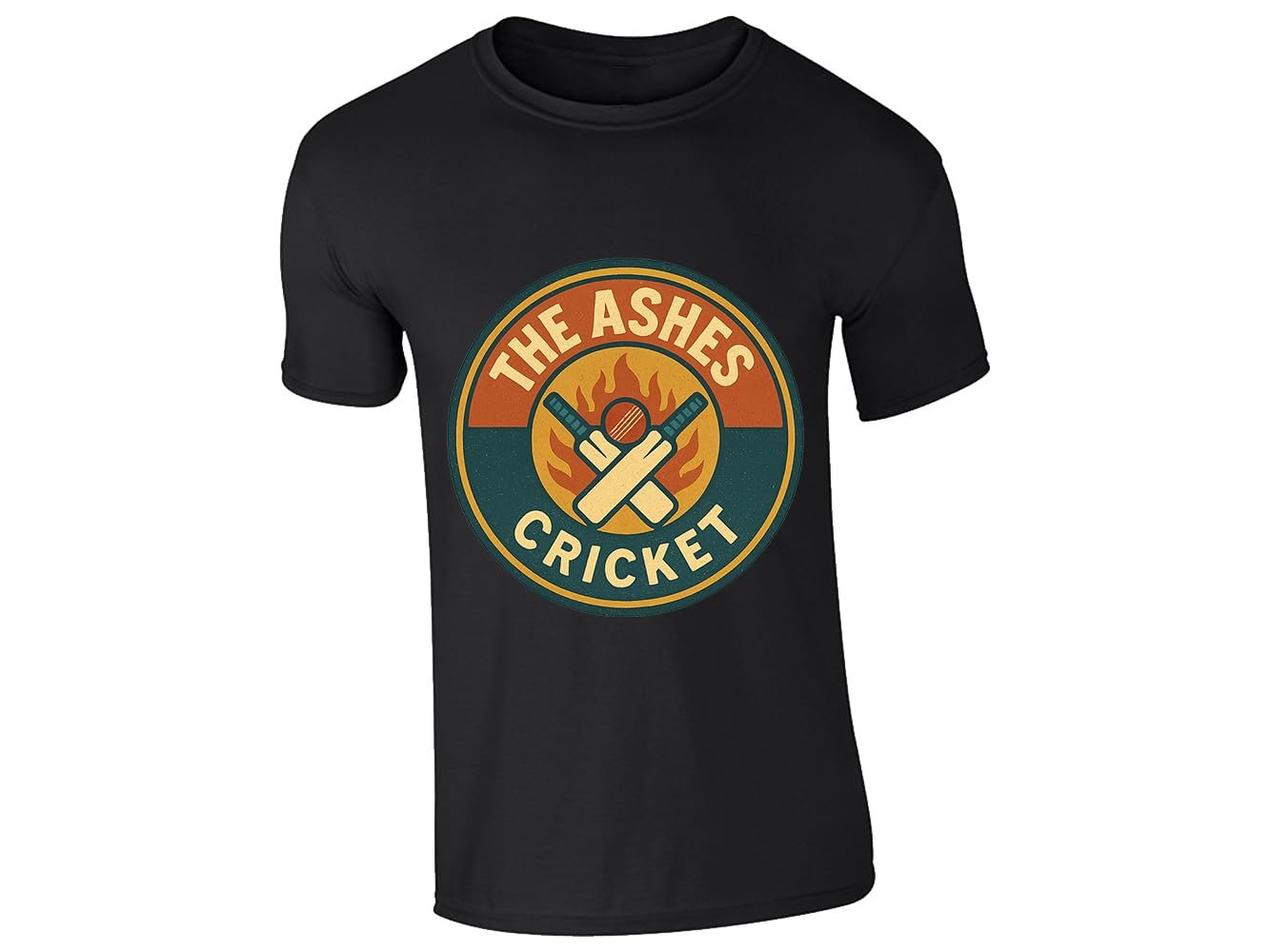 51znearnq3l.jpg Black kids T-shirt with a round retro “The Ashes Cricket” badge with crossed bats