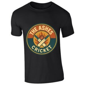 Black men's T-shirt with a round retro “The Ashes Cricket” badge with crossed bats