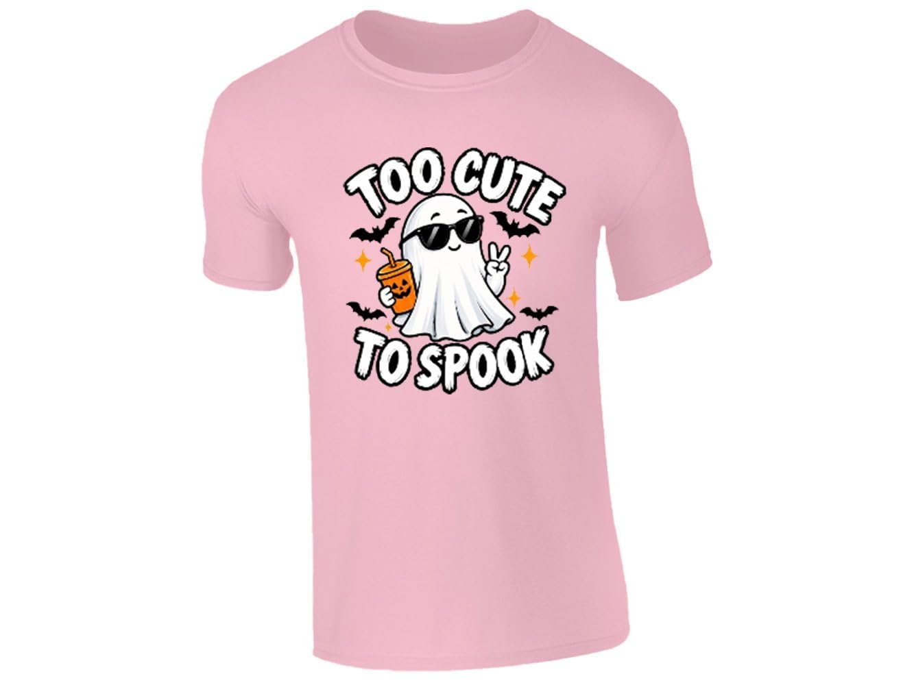 51zcdqvlfll.jpg Light pink kids T-shirt with a Too Cute to Spook ghost in sunglasses