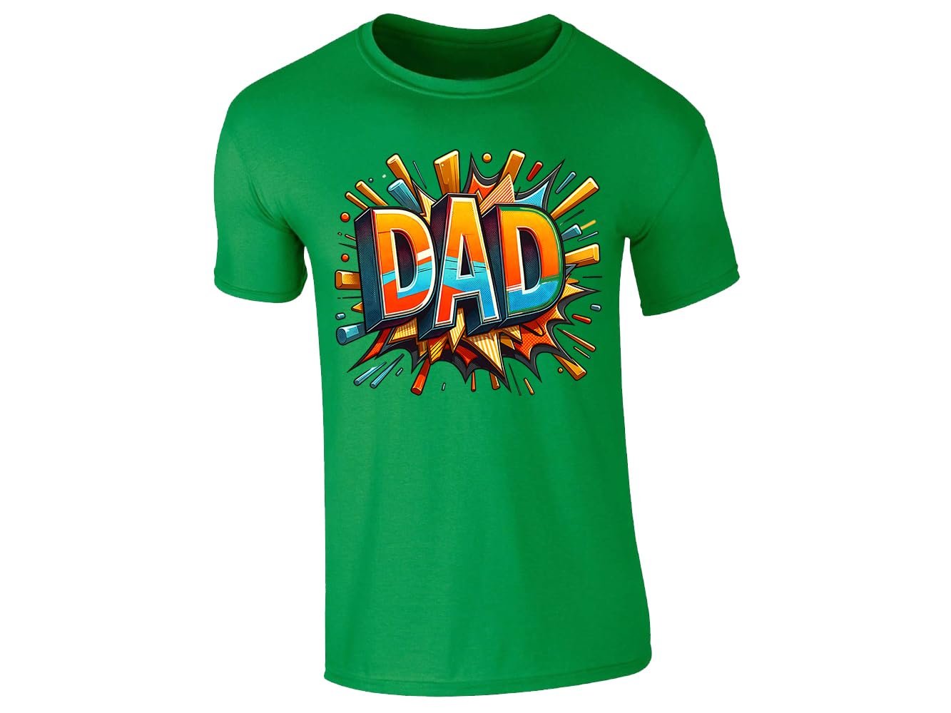 5243883f de245ba2 1769 4042 9f8d 0cc5cb035ecf.jpg Irish green men's T-shirt with bold comic-book “DAD” lettering with a colourful explosion