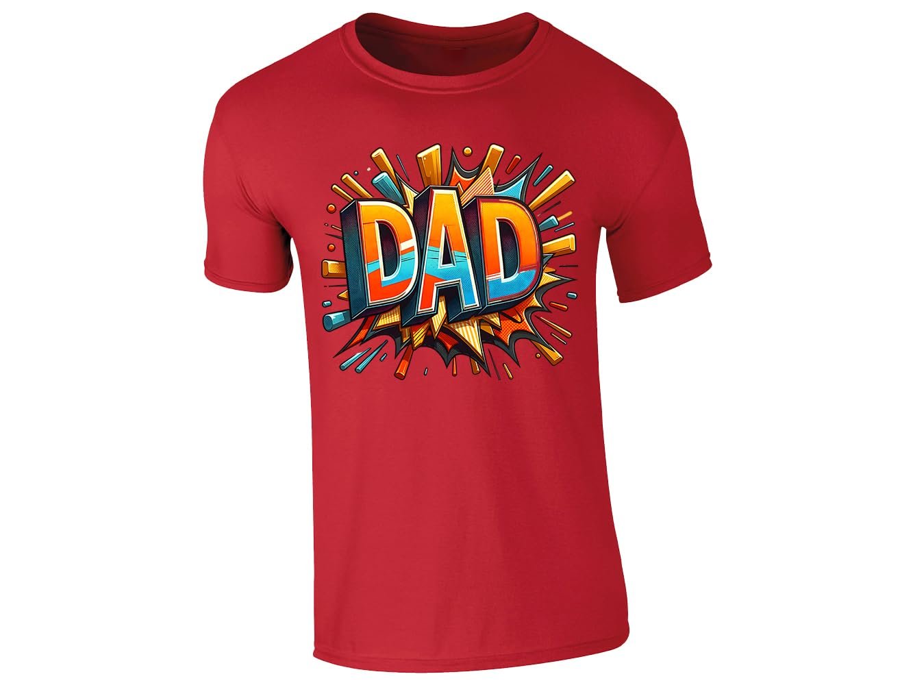 5261f587 69001db4 4ddc 411b b2fd f99a748d95bd.jpg Red men's T-shirt with bold comic-book “DAD” lettering with a colourful explosion